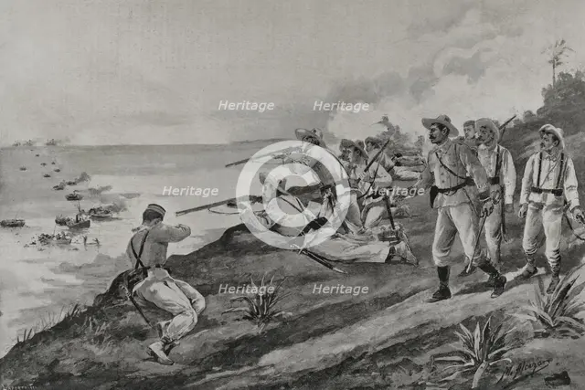 Spanish-American War: Spanish soldiers attacking US troops landing on the coast of Cuba, 1898.  Creator: Enrique Laporta Valor.