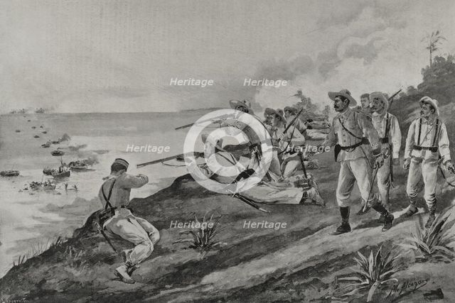 Spanish-American War: Spanish soldiers attacking US troops landing on the coast of Cuba, 1898.  Creator: Enrique Laporta Valor.