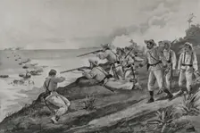 Spanish-American War: Spanish soldiers attacking US troops landing on the coast of Cuba, 1898. Creator: Enrique Laporta Valor