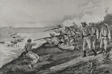 Spanish-American War: Spanish soldiers attacking US troops landing on the coast of Cuba, 1898. Creator: Enrique Laporta Valor