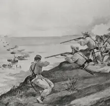 Spanish-American War: Spanish soldiers rejecting the landing of US troops...Cienfuegos (Cuba), 1898. Creator: Enrique Laporta Valor