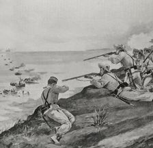 Spanish-American War: Spanish soldiers rejecting the landing of US troops...Cienfuegos (Cuba), 1898. Creator: Enrique Laporta Valor