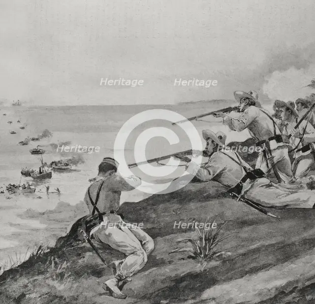 Spanish-American War: Spanish soldiers rejecting the landing of US troops...Cienfuegos (Cuba), 1898. Creator: Enrique Laporta Valor.