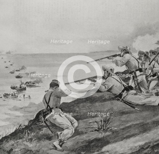 Spanish-American War: Spanish soldiers rejecting the landing of US troops...Cienfuegos (Cuba), 1898. Creator: Enrique Laporta Valor.