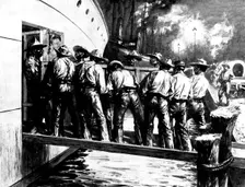 Spanish-American War: U.S. Mobilisation at Tampa: n*groes shipping the wagon train at night, 1898. Creator: Unknown