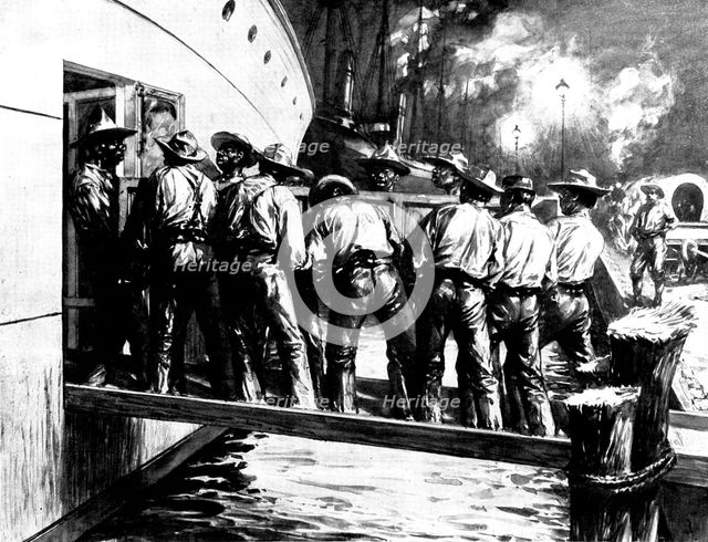 Spanish-American War: U.S. Mobilisation at Tampa: n*groes shipping the wagon train at night, 1898. Creator: Unknown.