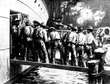 Spanish-American War: U.S. Mobilisation at Tampa: n*groes shipping the wagon train at night, 1898. Creator: Unknown