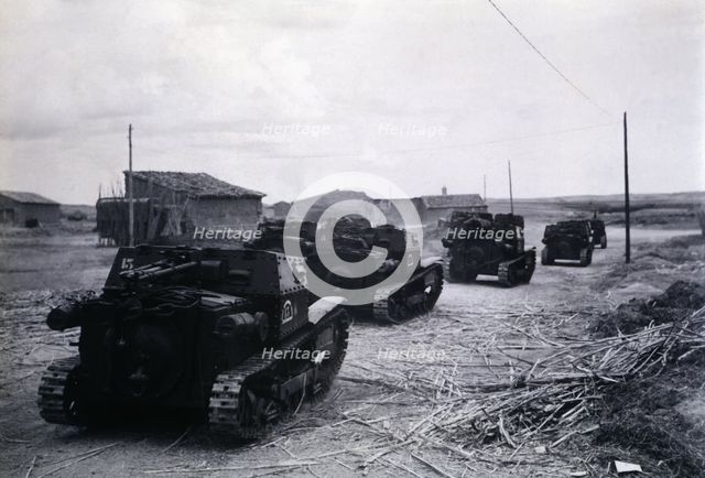 Spanish Civil War 1936-1939, Aragon front, Italian tanks marching towards the battle lines, Oct, …
