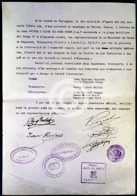 Spanish civil war, 1936-1939. Certificate of seizure of the Warehouse of Irons, Drugs and Coals'... Creator: Unknown.