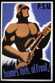 Spanish Civil War (1936-1939). Poster Homes forts, al front (Strong men, to the front). Publish…