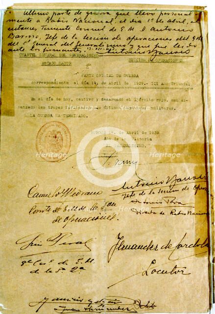 Spanish Civil War (1936 - 1939), the last part of war read by National Radio of Spain.