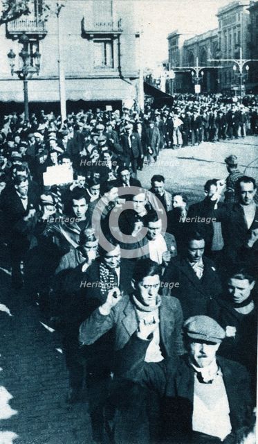 Spanish Civil War, 1936-39. Foreigner volunteers upon arrival to Barcelona to fight alongside the…