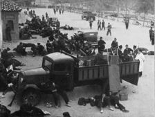 Spanish Civil War 1936-39. Madrid, Red Cross post with doctors and nurses, in a city street, Dece…