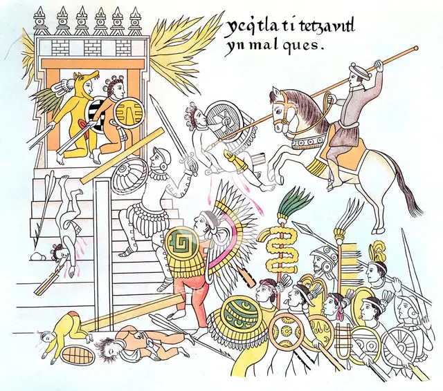 Spanish conquistadors with their native Tlazcalan allies attacking an Aztec temple, 16th century. Artist: Unknown