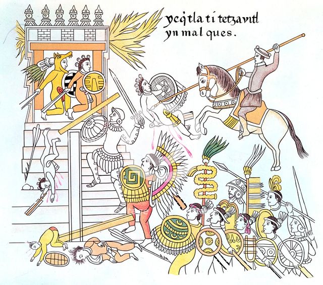 Spanish conquistadors with their native Tlazcalan allies attacking an Aztec temple, 16th century. Artist: Unknown