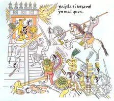 Spanish conquistadors with their native Tlazcalan allies attacking an Aztec temple, 16th century