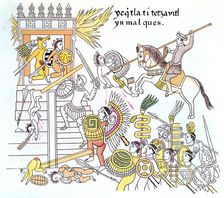 Spanish conquistadors with their native Tlazcalan allies attacking an Aztec temple, 16th century