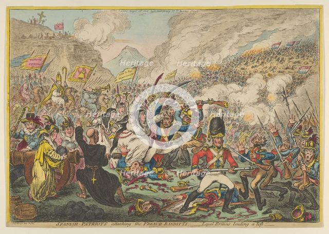 Spanish-Patriots Attacking the French-Banditti- Loyal Britons Lending a Lift, A..., August 15, 1808. Creator: James Gillray.