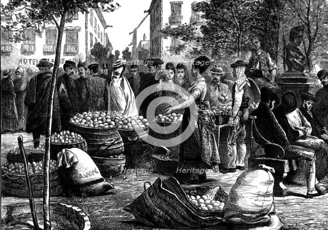 Spanish Sketches: the fruit market, Malaga, 1873. Creator: Unknown.