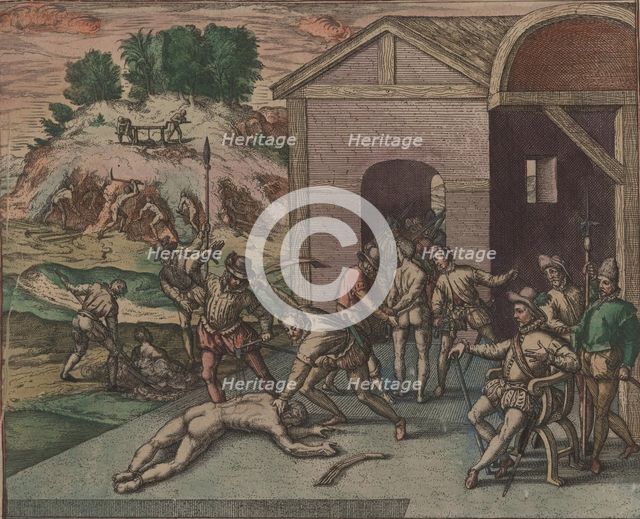 Spanish soldiers observe and carry out the punishment of a slave, 1595. Creator: Bry, Theodor de (1528-1598).