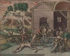 Spanish soldiers observe and carry out the punishment of a slave, 1595. Creator: Bry, Theodor de (1528-1598)