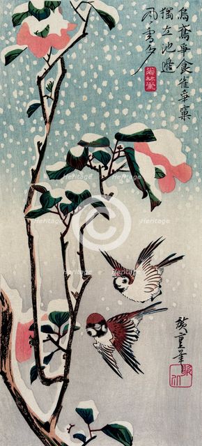 Sparrows and Camellias in the Snow, 1830s.  Creator: Hiroshige, Utagawa (1797-1858).