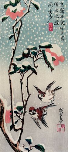 Sparrows and Camellias in the Snow, 1830s. Creator: Hiroshige, Utagawa (1797-1858)