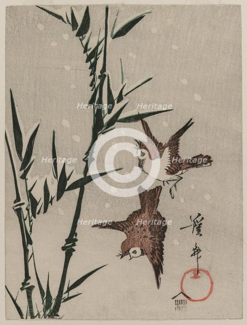 Sparrows, Bamboo and Falling Snow, c. late 1820s. Creator: Keisai Eisen (Japanese, 1790-1848).
