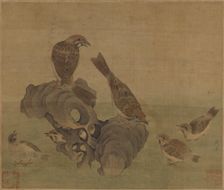 Sparrows feeding their young, Ming or Qing dynasty, (17th century?). Creator: Unknown