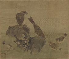 Sparrows feeding their young, Ming or Qing dynasty, (17th century?). Creator: Unknown