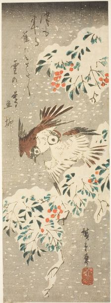 Sparrows Flitting about Snow-covered Nandina as More Snow Falls, c. 1840. Creator: Ando Hiroshige