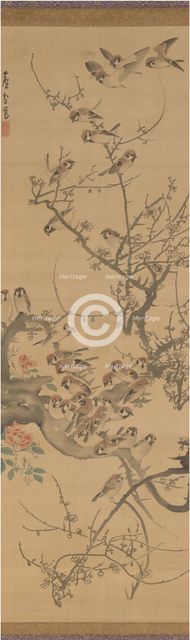 Sparrows in a Plum Tree, early 1790s. Creator: Nagasawa Rosetsu.