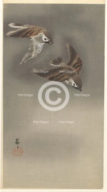 Sparrows in snow. Creator: Ohara, Koson (1877-1945).