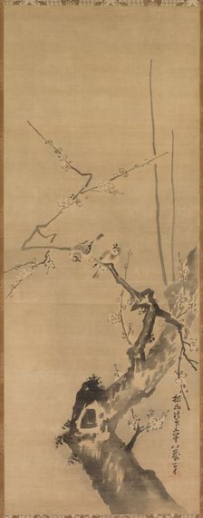 Sparrows on Blossoming Plum, 17th century. Creator: Kano Tan?y? (Japanese, 1602-1674), attributed to