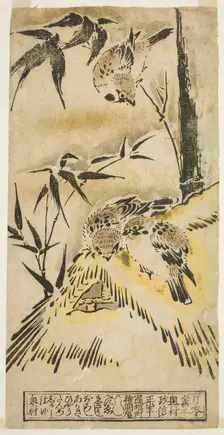 Sparrows, Thatched Roof, and Bamboo, c. 1720/25. Creator: Okumura Masanobu