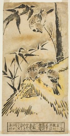 Sparrows, Thatched Roof, and Bamboo, c. 1720/25. Creator: Okumura Masanobu