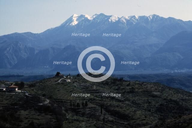 Sparta, Greece and valley of the River Eurotas, with Taiyrtos mountains beyond, c20th century. Artist: CM Dixon.