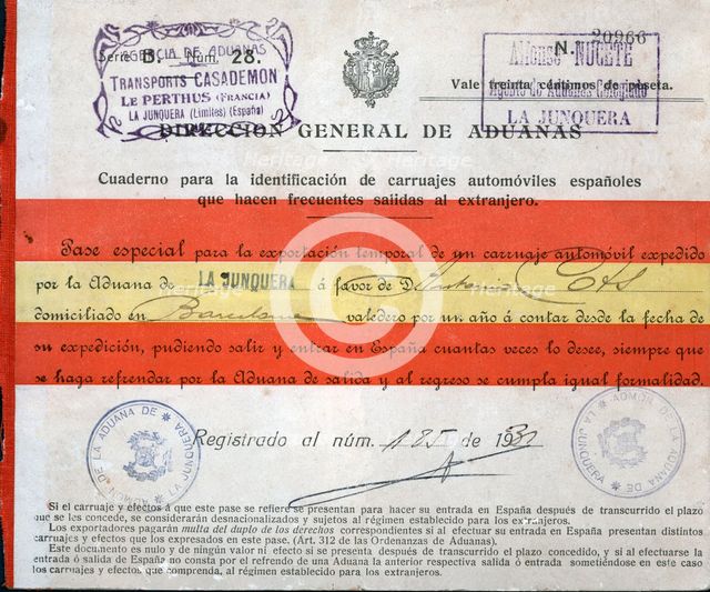 Special pass for the temporary export of a car to cross the border at La Junquera, 1931.