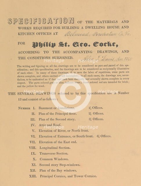 Specifications for "Belmead", James River, Virginia for Philip St. George Cocke, 1845., 1845. Creator: Alexander Jackson Davis.