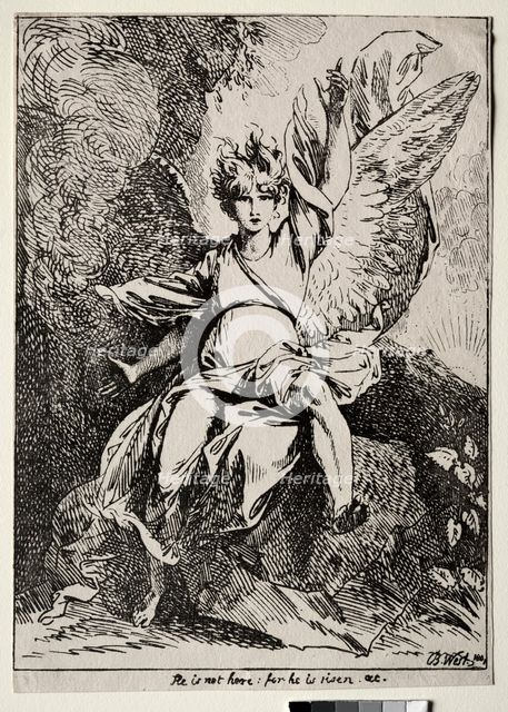 Specimens of Polyautography: The Angel at the Tomb of Christ, 1801. Creator: Benjamin West (American, 1738-1820).