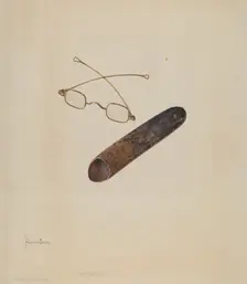 Spectacles and Case, c. 1937. Creator: H. Langden Brown