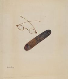 Spectacles and Case, c. 1937. Creator: H. Langden Brown