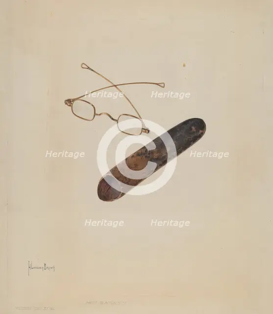 Spectacles and Case, c. 1937. Creator: H. Langden Brown.