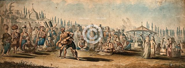 Spectators watching a wrestling match in a street in Turkey (?), (between 1800 and 1899?). Creator: Unknown.