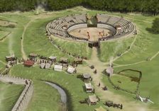 Spectators arrive at Silchester Roman City Amphitheatre c250 AD, (c1990-2010). Artist: Peter Urmston
