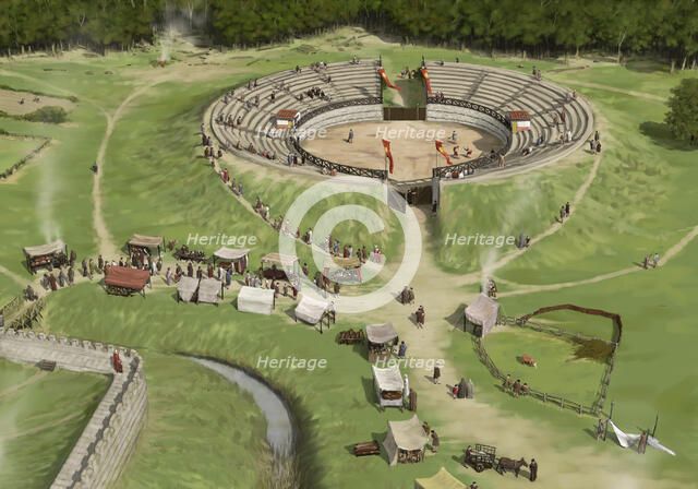 Spectators arrive at Silchester Roman City Amphitheatre c250 AD, (c1990-2010). Artist: Peter Urmston.