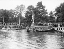 Spectators on the University barges watching a boat race during Eights Week, Oxford, c1860-c1922. Artist: Henry Taunt