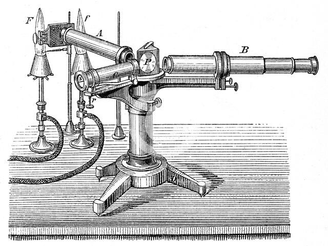 Spectroscopic apparatus used by Robert Wilhelm Bunsen and Gustav Robert Kirchhoff, c1895. Artist: Unknown
