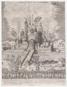 Speculum Romanae Magnificentiae: The Girandola at the Castel Sant'Angelo, Rome, 1579, 1579., 1579. Creator: Giovanni Ambrogio Brambilla