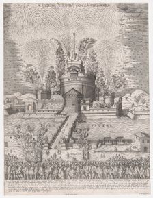 Speculum Romanae Magnificentiae: The Girandola at the Castel Sant'Angelo, Rome, 1579, 1579., 1579. Creator: Giovanni Ambrogio Brambilla